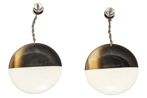 HERMES brown black buffalo horn palladium hoop pin earrings 